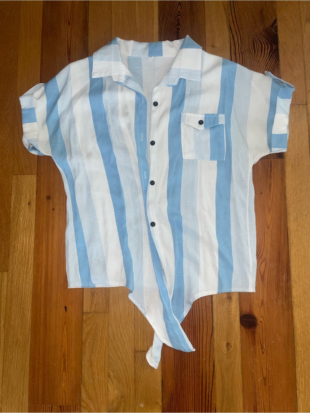 Junior’s Light Blue and White Striped Tie-Front Button Shirt